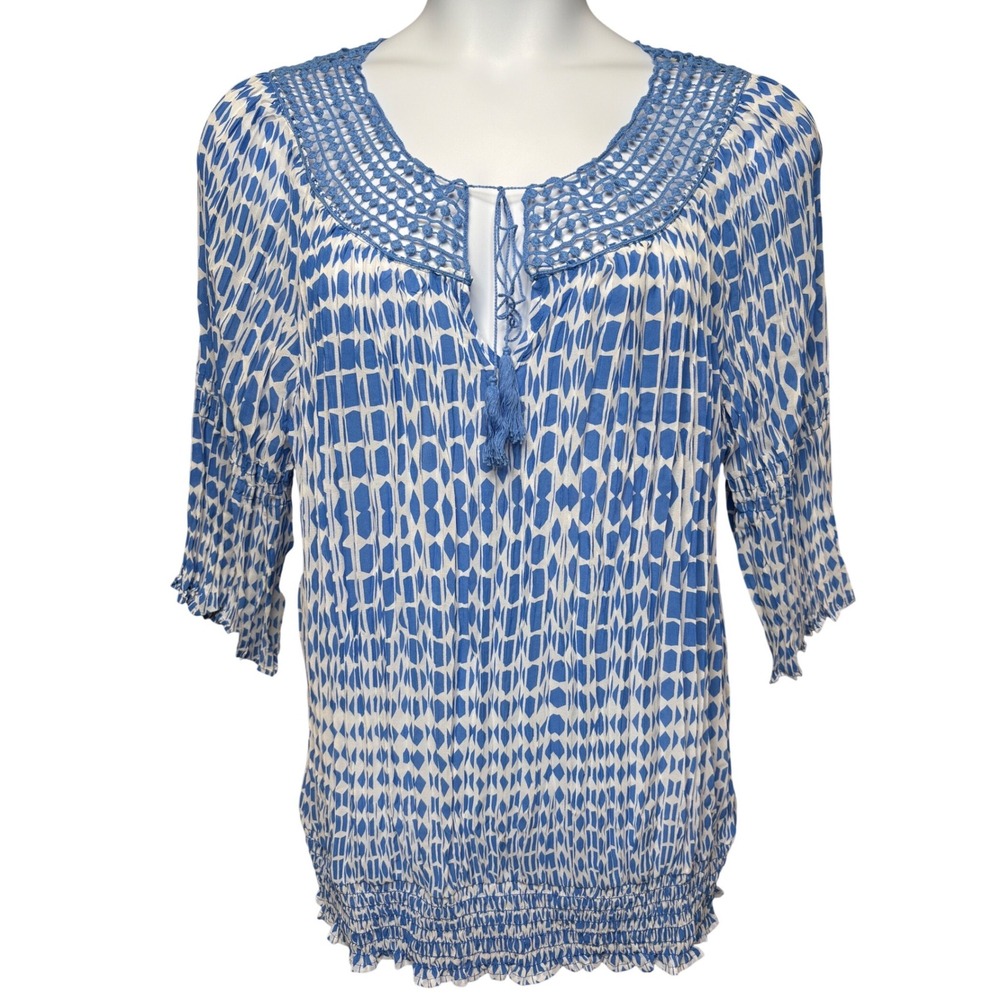 LANE BRYANT Womens Blue Geometric Crochet Peasant Blouse 18/20 Flowy Boho Casual